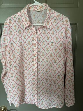 Lucky Brand  Button-Down Shirt with Coral Floral Trellis on white back ground